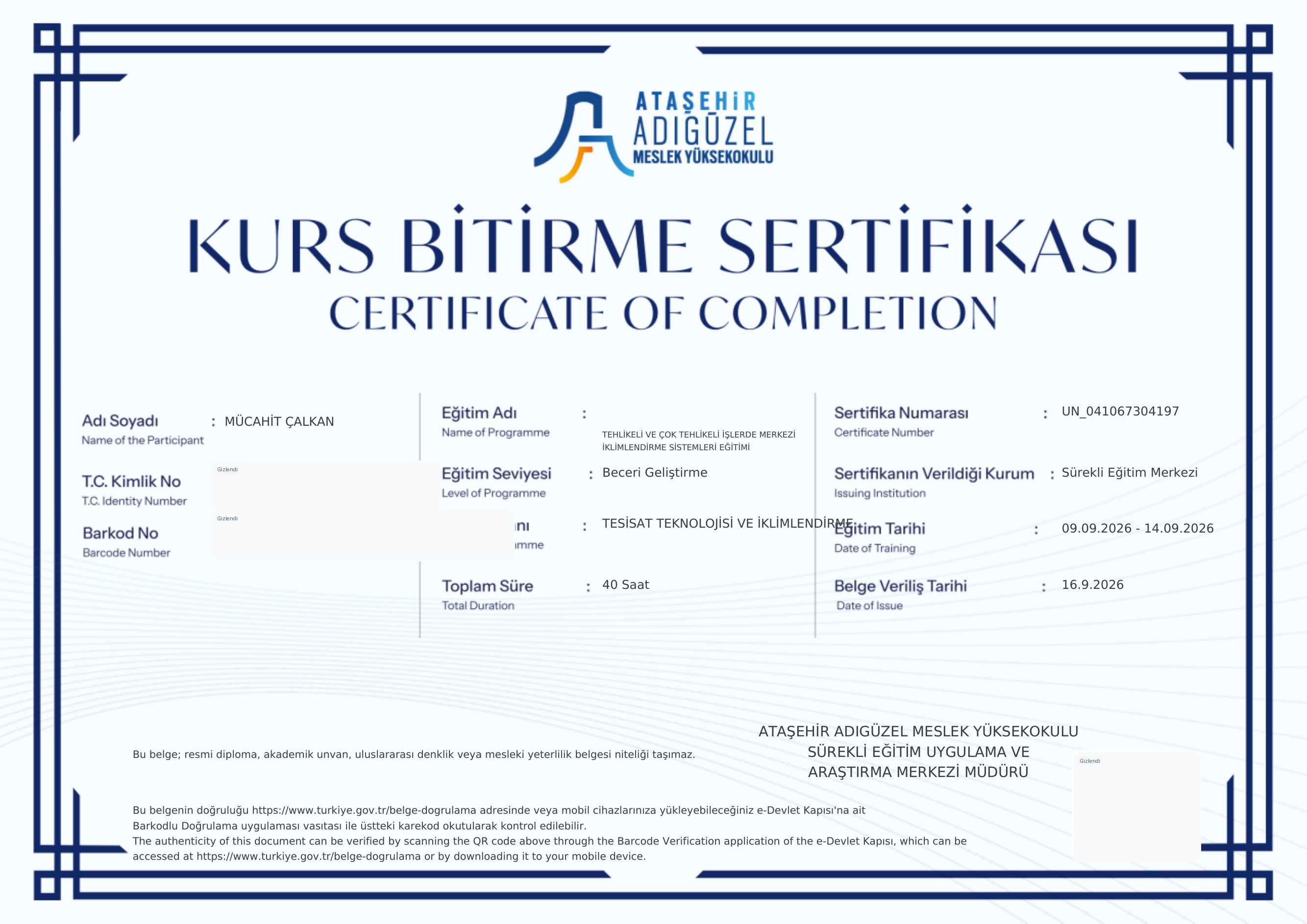 Mücahit Çalkan Tesisat Teknolojisi ve İklimlendirme eğitim belgesi